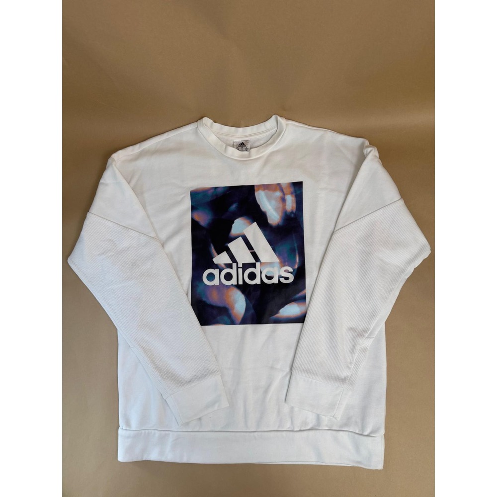 Adidas Womens White Graphic‎ Logo Crewneck Oversized Sweatshirt Small